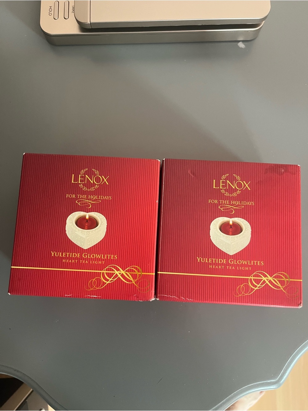 Lenox Red and Gold Yuletide Glowlites Heart Tea Light Pair